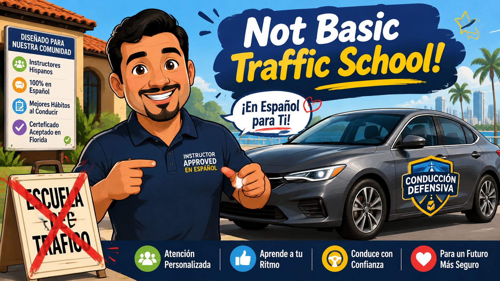 A friendly instructor promoting a Spanish defensive driving course for the Hispanic community with a car.