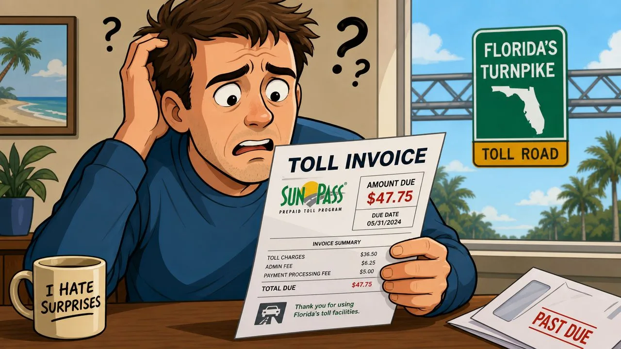 A man looking shocked at a Florida SunPass toll invoice while sitting at a desk.