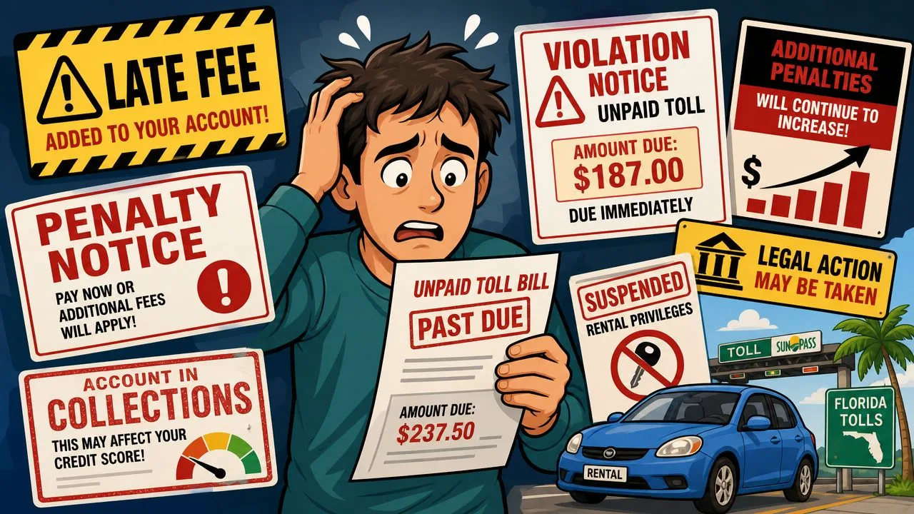 A stressed man holding a past due toll bill surrounded by warning signs about penalties and collections.
