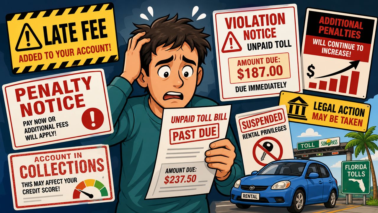 A stressed man holding a past due toll bill surrounded by warning signs about penalties and collections.