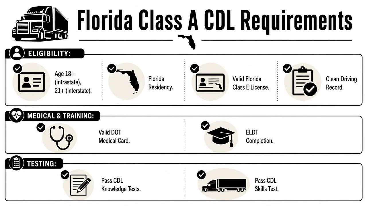 An infographic outlining the essential requirements for obtaining a Florida Class A commercial driver license.