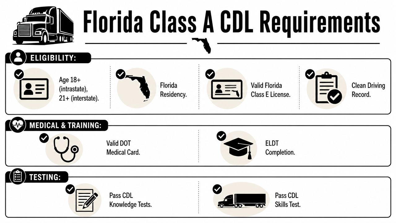 An infographic outlining the essential requirements for obtaining a Florida Class A commercial driver license.