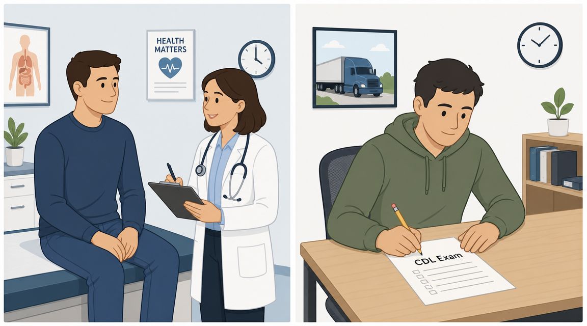 A man undergoing a medical physical exam and completing a written CDL exam for truck driving.