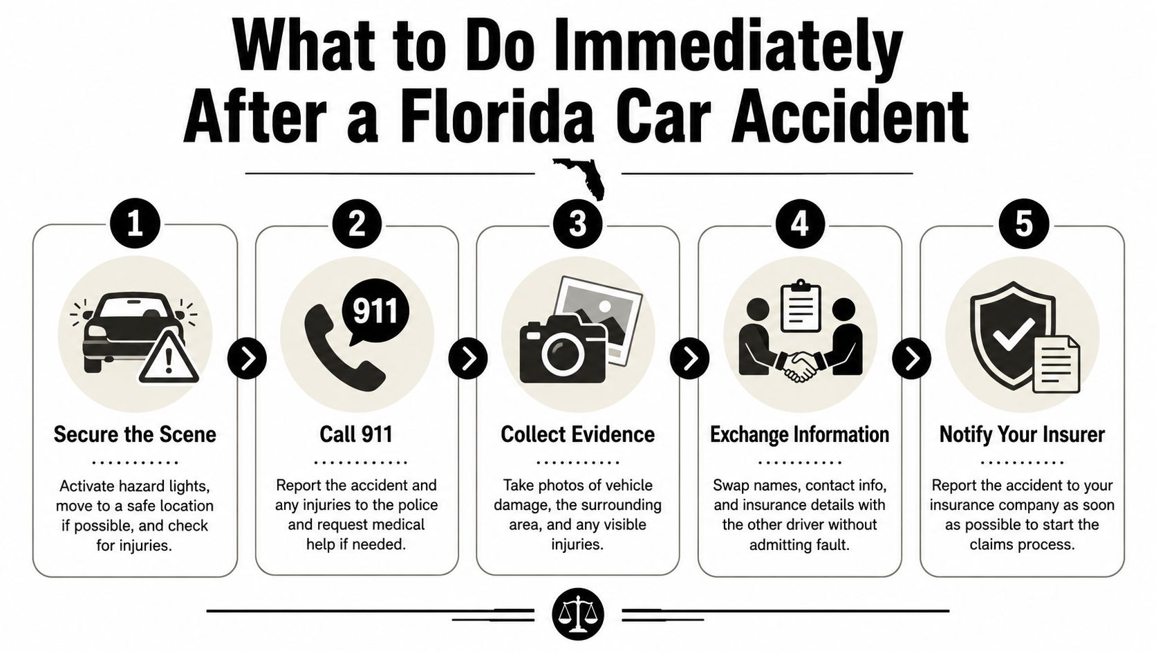 An infographic detailing five essential steps to take immediately following a car accident in Florida.