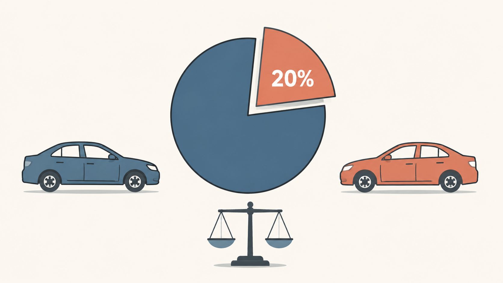 A pie chart displaying a 20 percent portion next to icons of two cars and a scale.