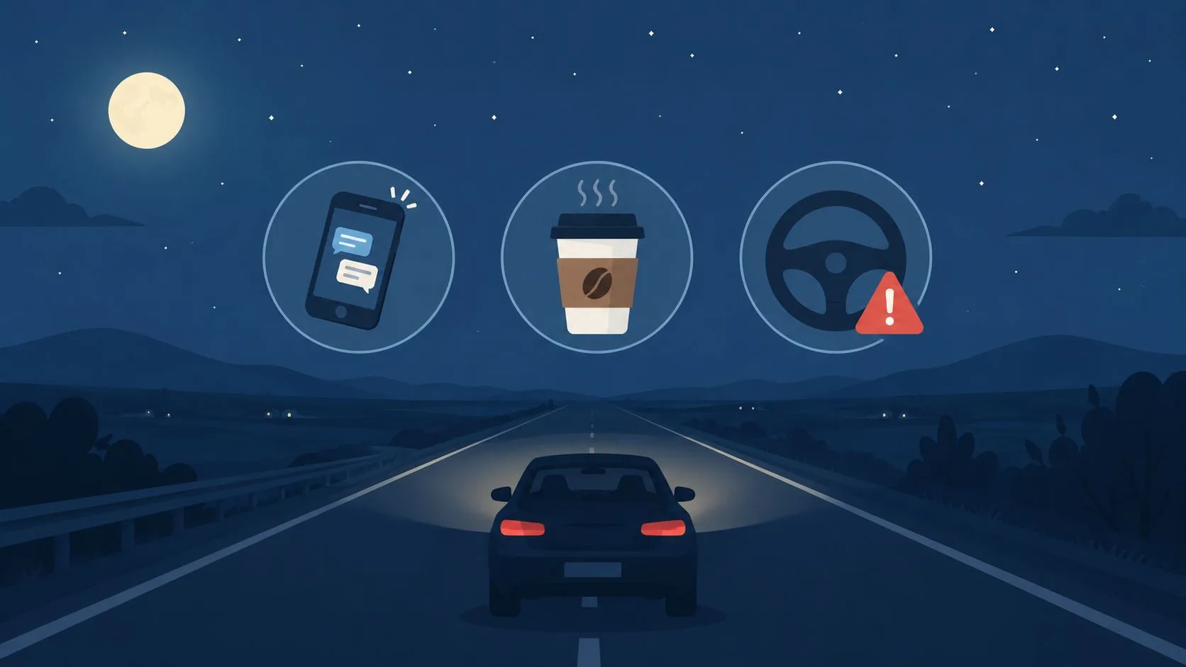 A car driving on a road at night with icons representing distracted driving, fatigue, and loss of control.