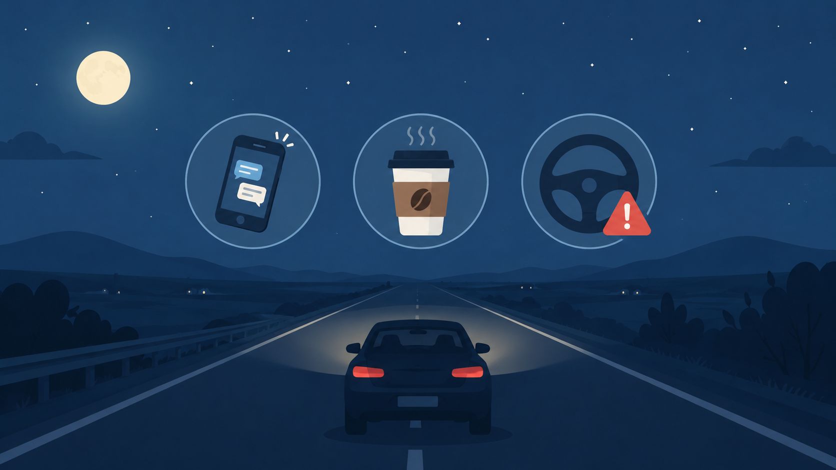 A car driving on a road at night with icons representing distracted driving, fatigue, and loss of control.