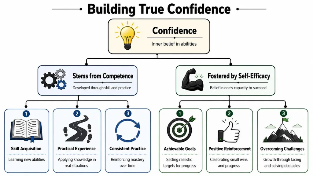 A diagram illustrating how confidence is built through competence and self-efficacy with actionable steps for personal growth.