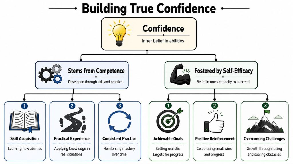 A diagram illustrating how confidence is built through competence and self-efficacy with actionable steps for personal growth.