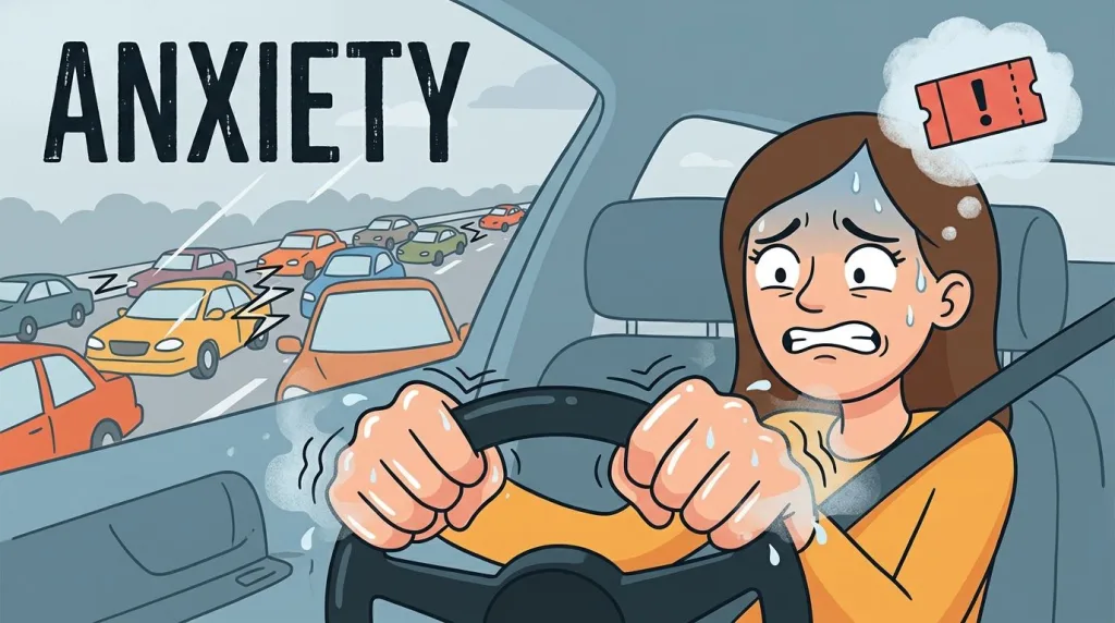 A woman driving a car in traffic feeling anxious and sweating due to driving stress and anxiety.