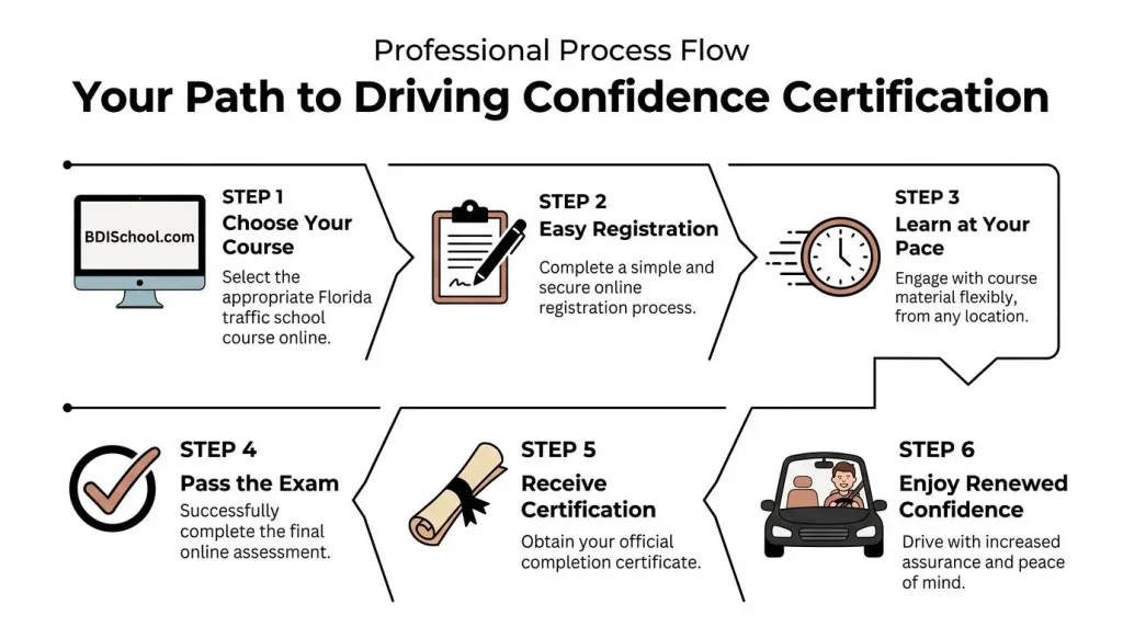 A six-step professional process flow infographic explaining the online path to achieving a driving confidence certification.