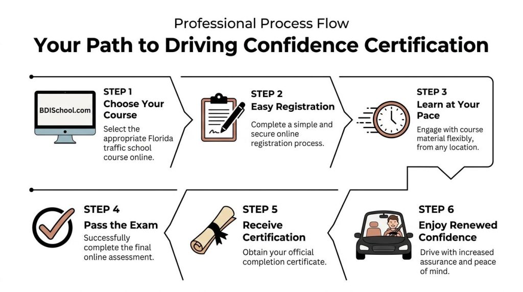 A six-step professional process flow infographic explaining the online path to achieving a driving confidence certification.