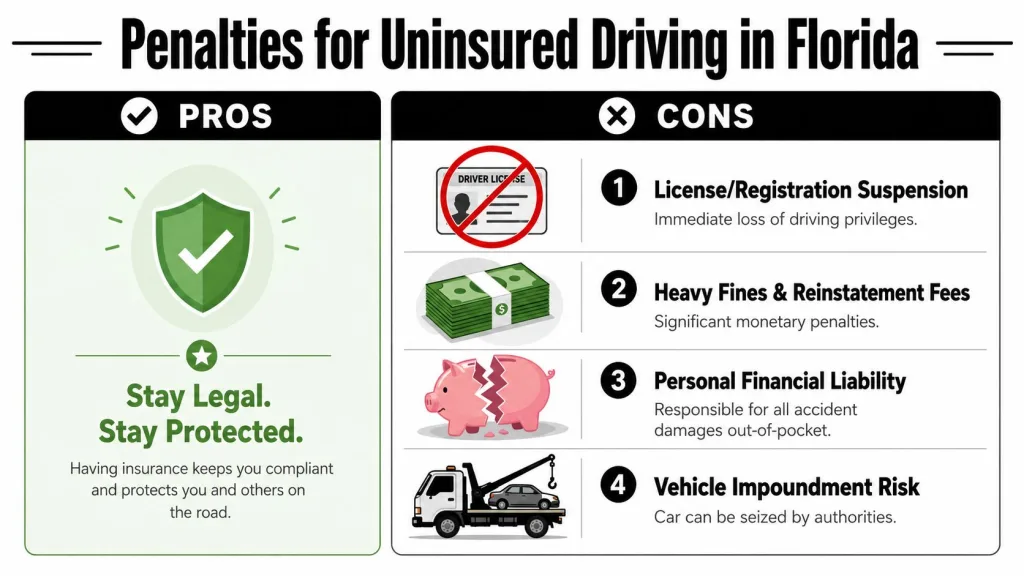An infographic detailing the legal and financial consequences of driving without insurance in the state of Florida.