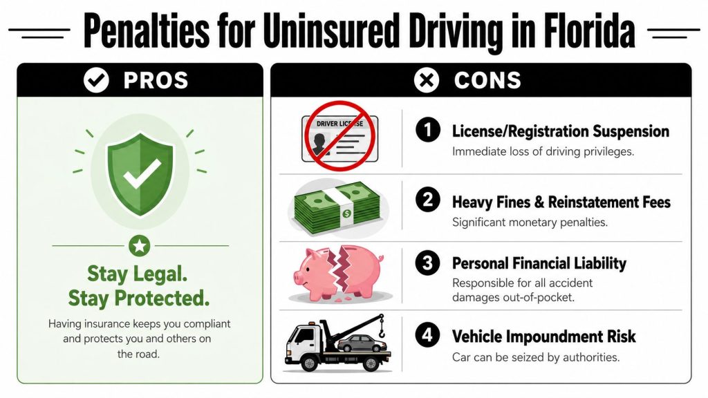 An infographic detailing the legal and financial consequences of driving without insurance in the state of Florida.