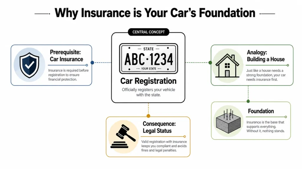 A diagram explaining that car insurance is a required foundation for vehicle registration and legal compliance.