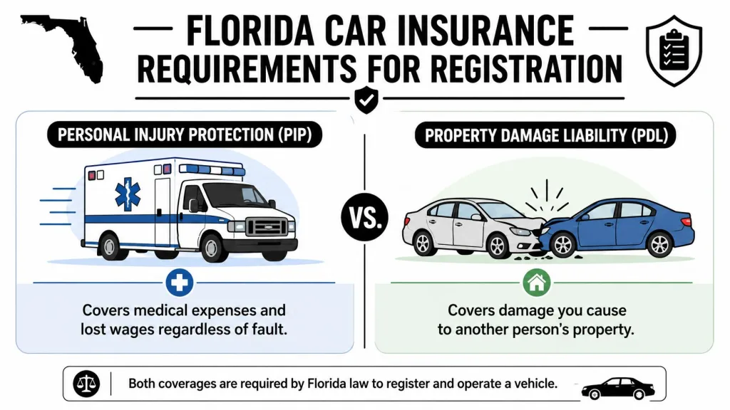An infographic showing that Florida law requires both Personal Injury Protection and Property Damage Liability for car registration.