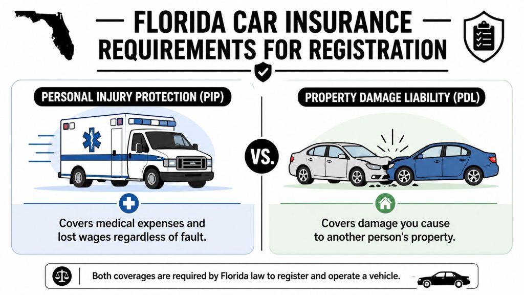 An infographic showing that Florida law requires both Personal Injury Protection and Property Damage Liability for car registration.