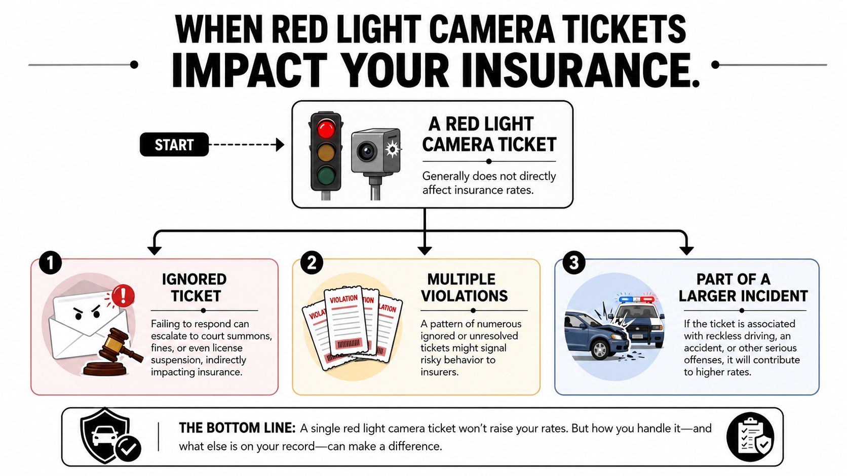 An infographic explaining how red light camera tickets can potentially impact car insurance premiums and driving records.