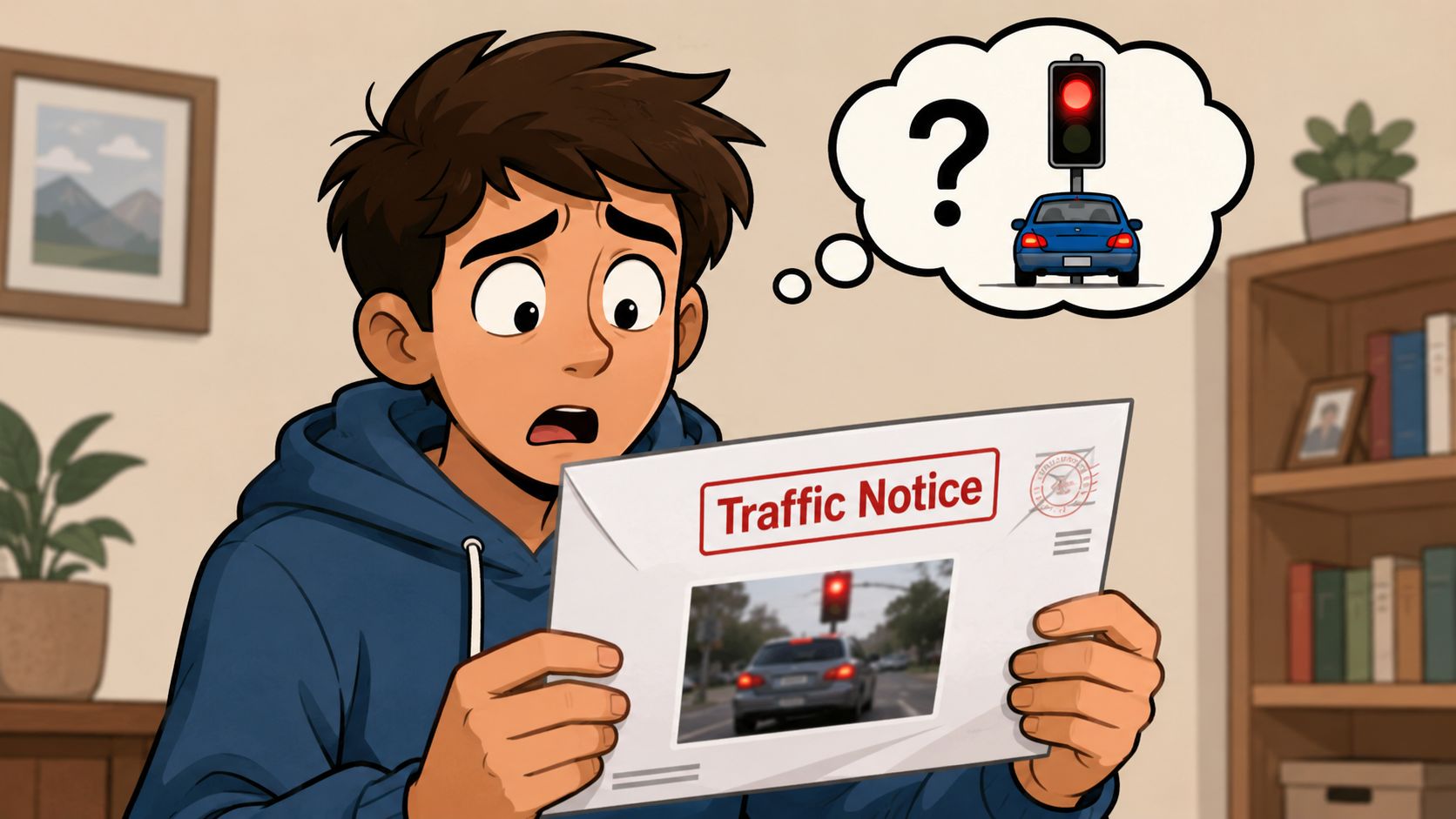 A surprised young man holding a traffic notice letter featuring a photo of a car at a red light.