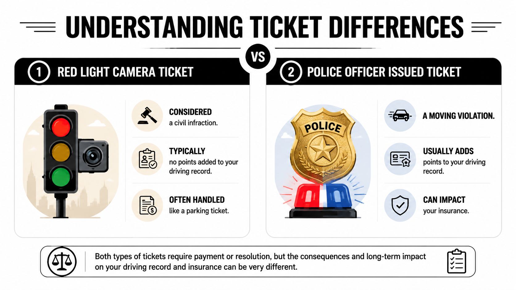 An infographic comparing differences between a red light camera ticket and a police officer issued traffic ticket.