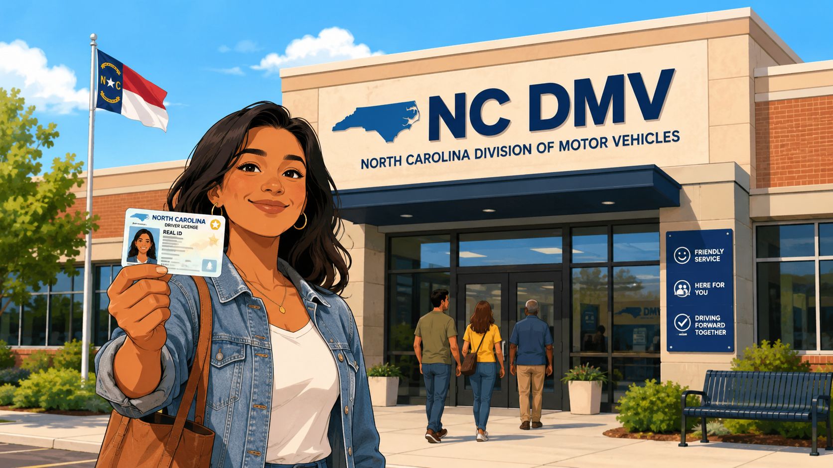 A smiling woman holding a North Carolina driver license in front of a DMV office building.