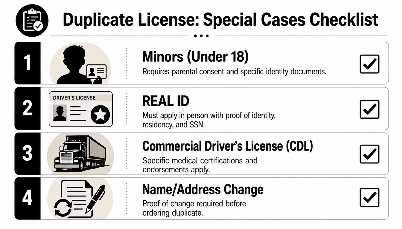 A checklist infographic detailing special case requirements for obtaining a duplicate driver license.