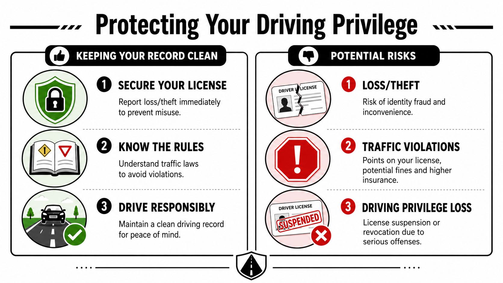 An infographic detailing tips for keeping your driver license clean and warnings about potential risks to driving privileges.