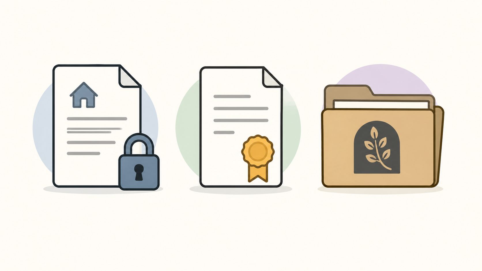 Three professional icons illustrating real estate, official certification, and document management folders for business use.