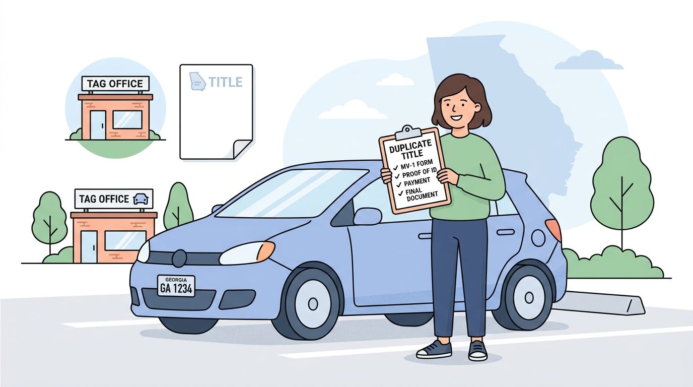 A woman holding a clipboard outlining the steps to obtain a Georgia duplicate vehicle title near a car.