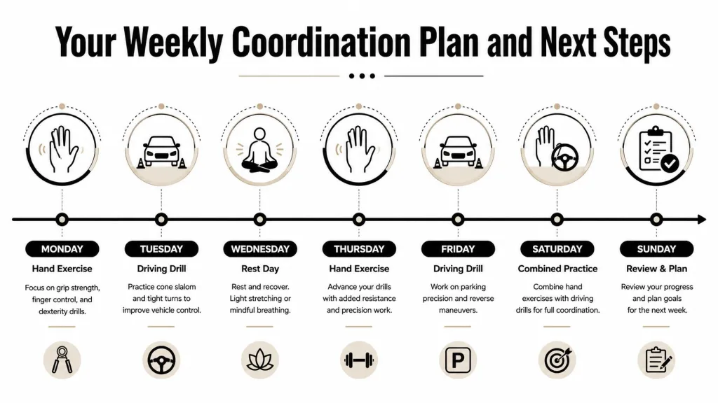 A weekly coordination plan infographic featuring hand exercises, driving drills, and rest days for skill development.