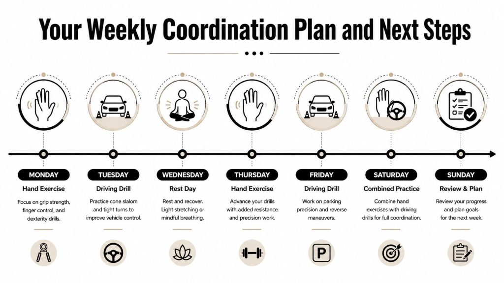 A weekly coordination plan infographic featuring hand exercises, driving drills, and rest days for skill development.