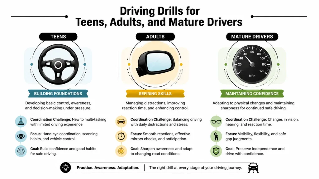 An infographic illustrating driving training goals and focus areas for teens, adults, and mature drivers.