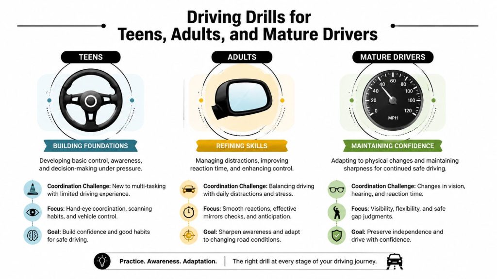 An infographic illustrating driving training goals and focus areas for teens, adults, and mature drivers.