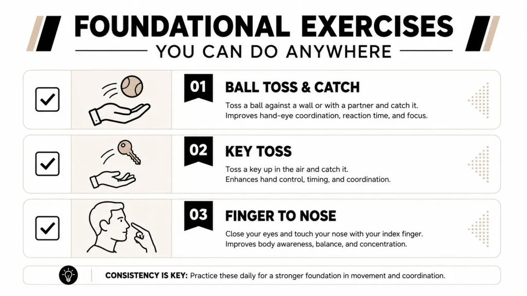 A diagram illustrating three daily exercises to improve hand-eye coordination: ball toss, key toss, and finger to nose.