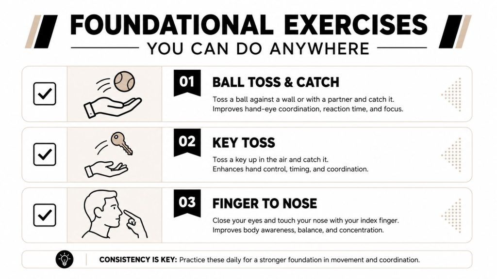 A diagram illustrating three daily exercises to improve hand-eye coordination: ball toss, key toss, and finger to nose.