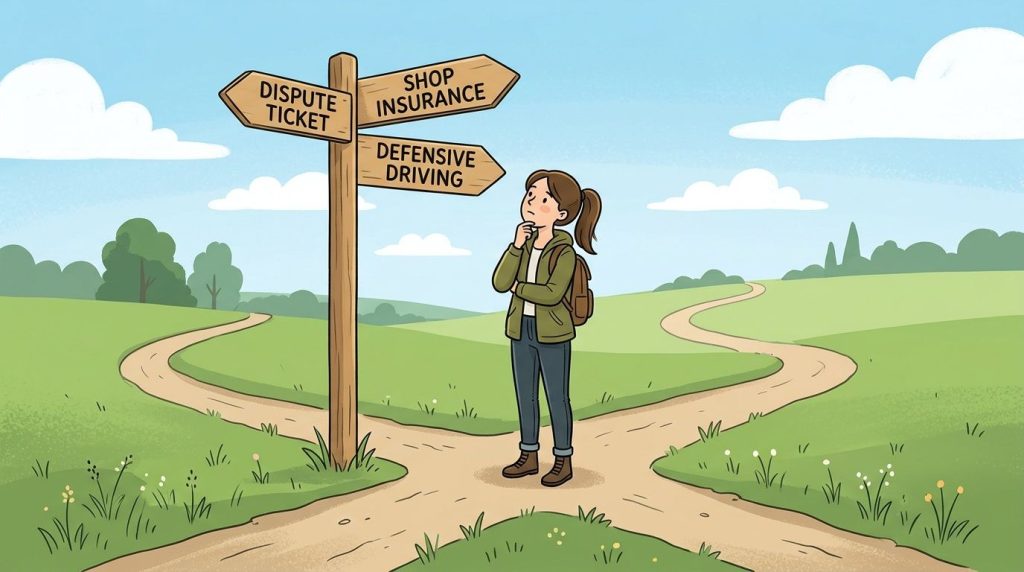 A young woman stands at a crossroads, pondering options like disputing a ticket, shopping for insurance, or defensive driving.