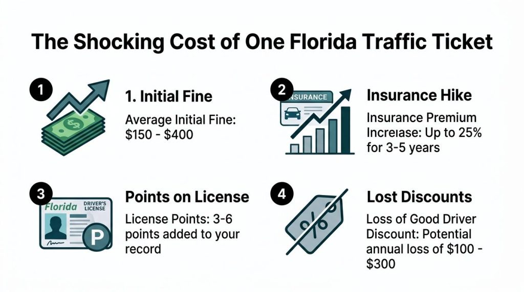 An infographic detailing the four financial impacts of receiving a traffic ticket in the state of Florida.