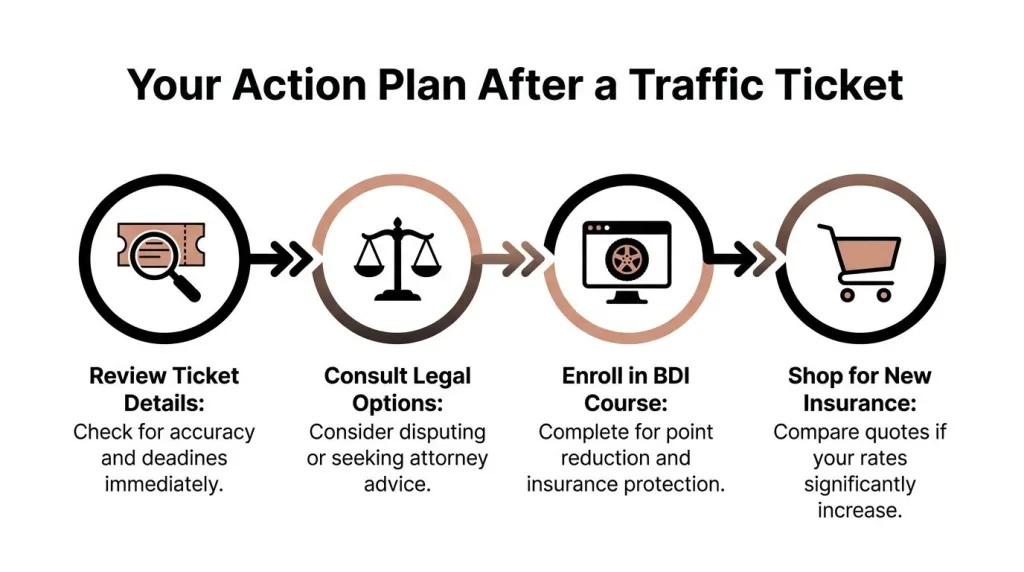 A four-step infographic showing the action plan to take after receiving a traffic ticket.