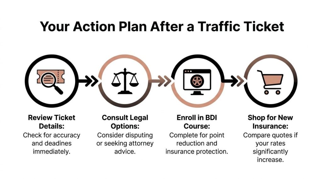 A four-step infographic showing the action plan to take after receiving a traffic ticket.