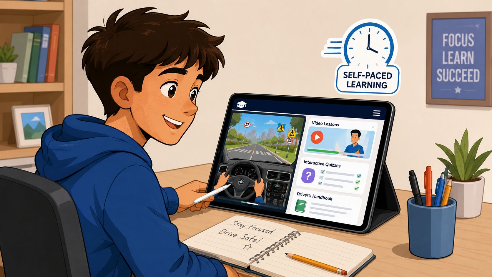 A teenage boy sitting at a desk studying an online driving course on his tablet computer.