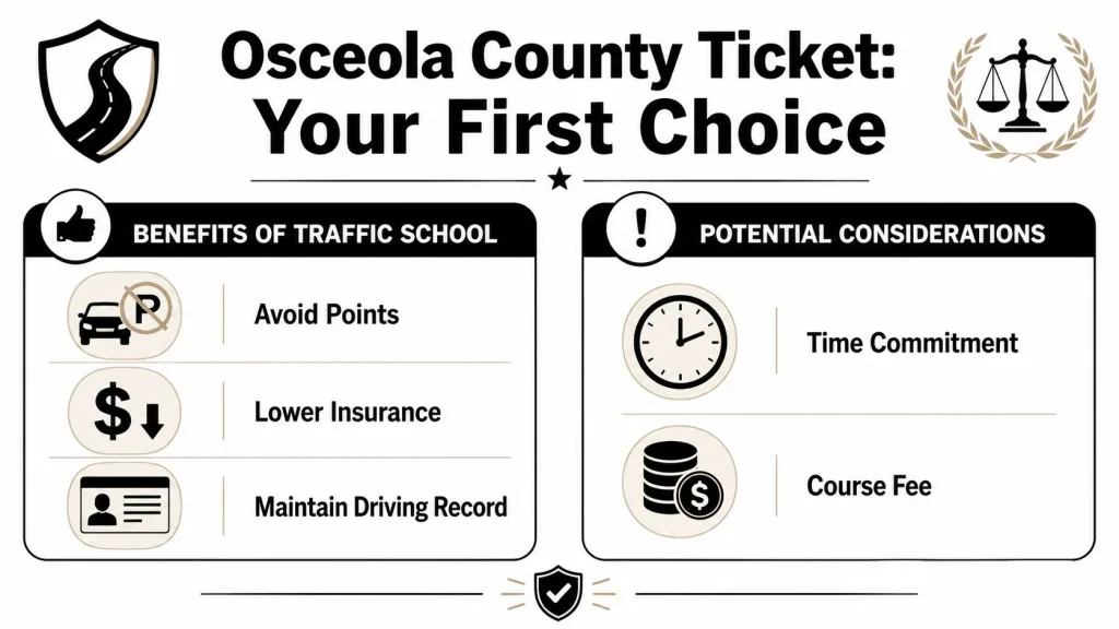 A comparison chart outlining the benefits and potential considerations of attending traffic school in Osceola County.