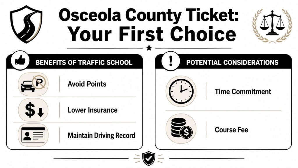 A comparison chart outlining the benefits and potential considerations of attending traffic school in Osceola County.