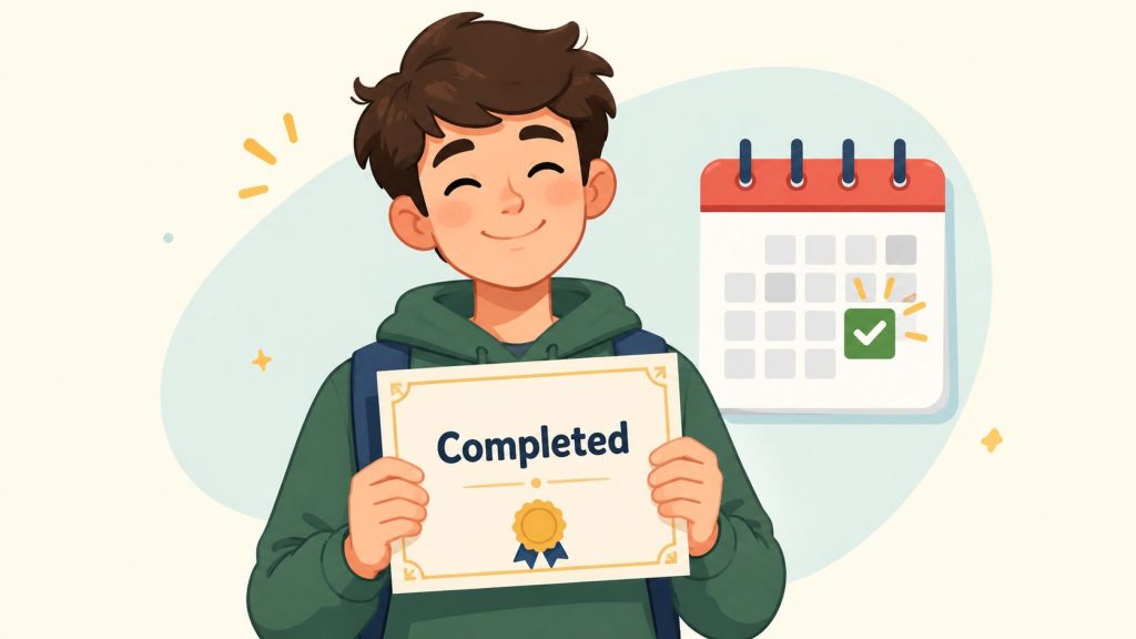 A happy student holding a certificate labeled Completed next to a calendar with a green checkmark.