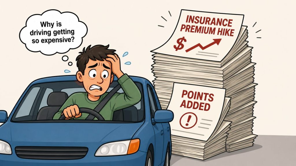 A worried driver in a car thinking about high costs from insurance hikes and driving penalty points.