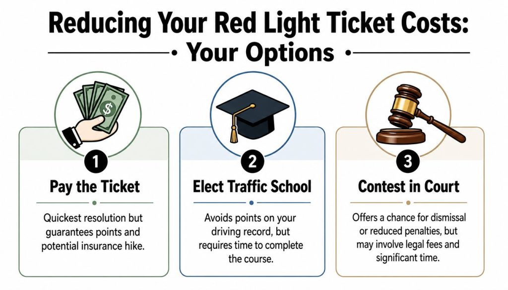 An infographic detailing three options for handling a red light ticket: pay, traffic school, or contest in court.