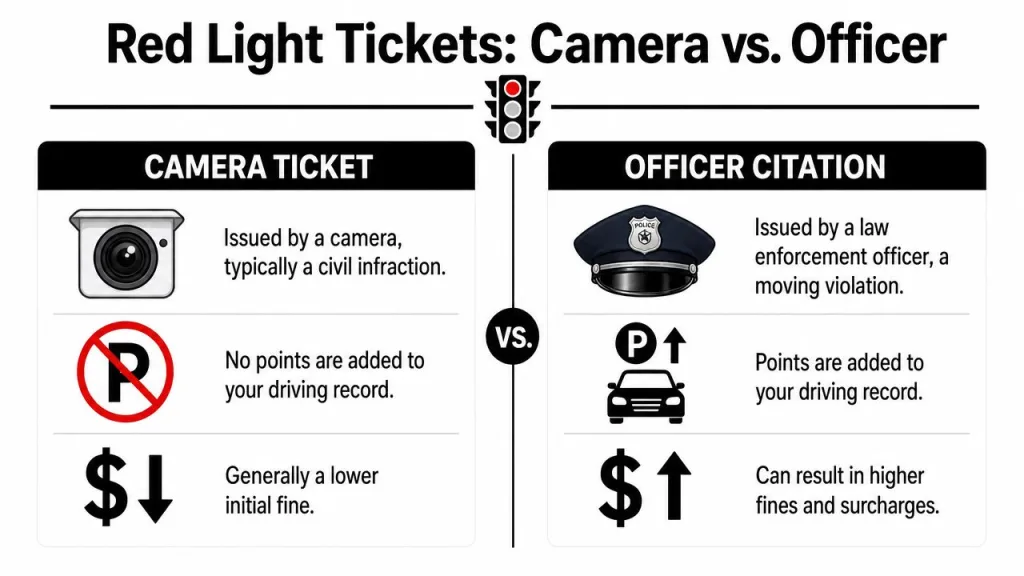 A comparison chart showing the differences between red light camera tickets and officer citations for traffic violations.