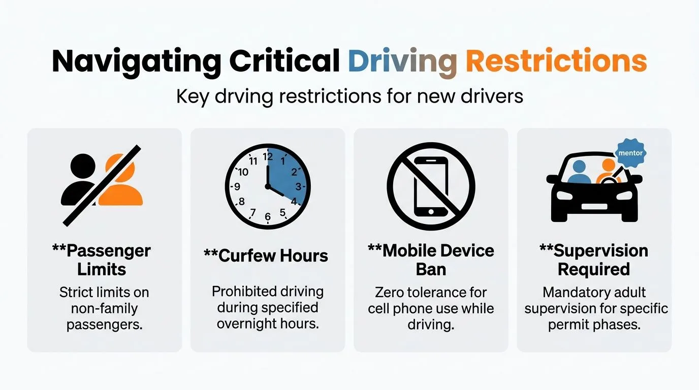 An infographic showing four critical driving restrictions for new drivers including passenger limits, curfew hours, mobile phone bans, and supervision.