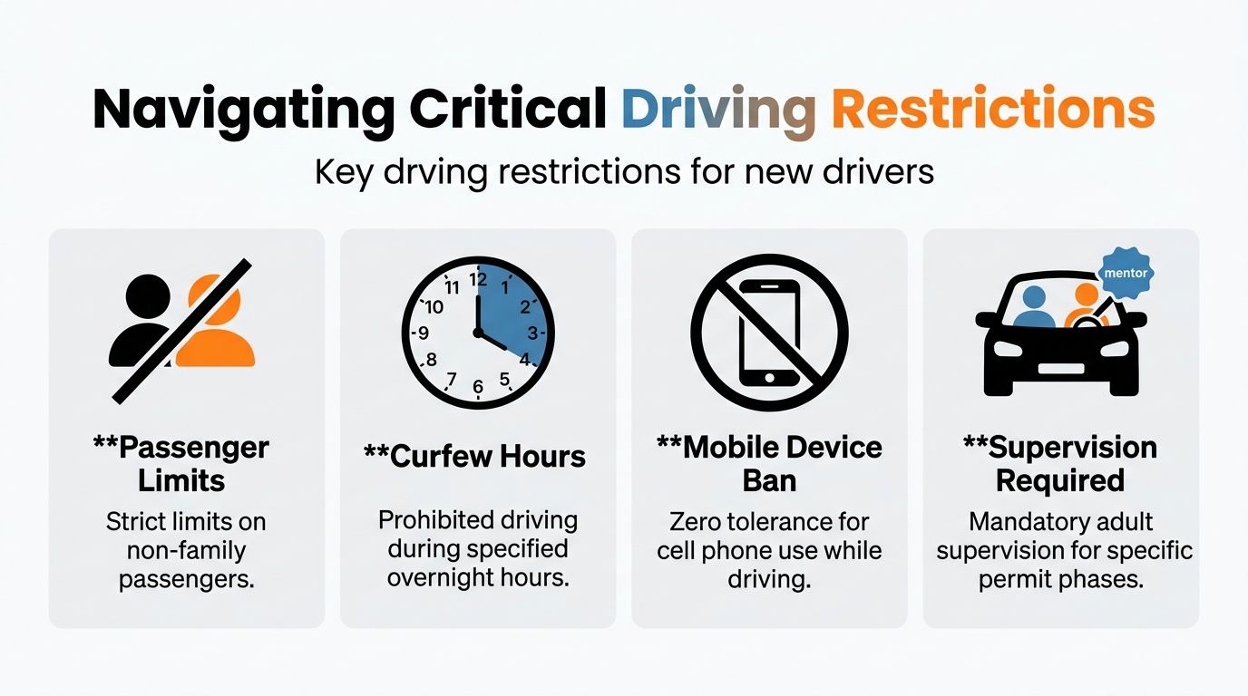 An infographic showing four critical driving restrictions for new drivers including passenger limits, curfew hours, mobile phone bans, and supervision.