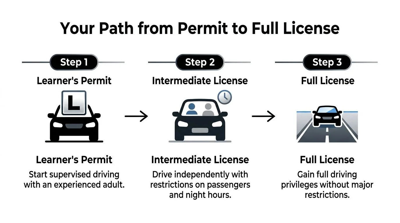 A diagram illustrating the three steps from obtaining a learner permit to a full driver license.