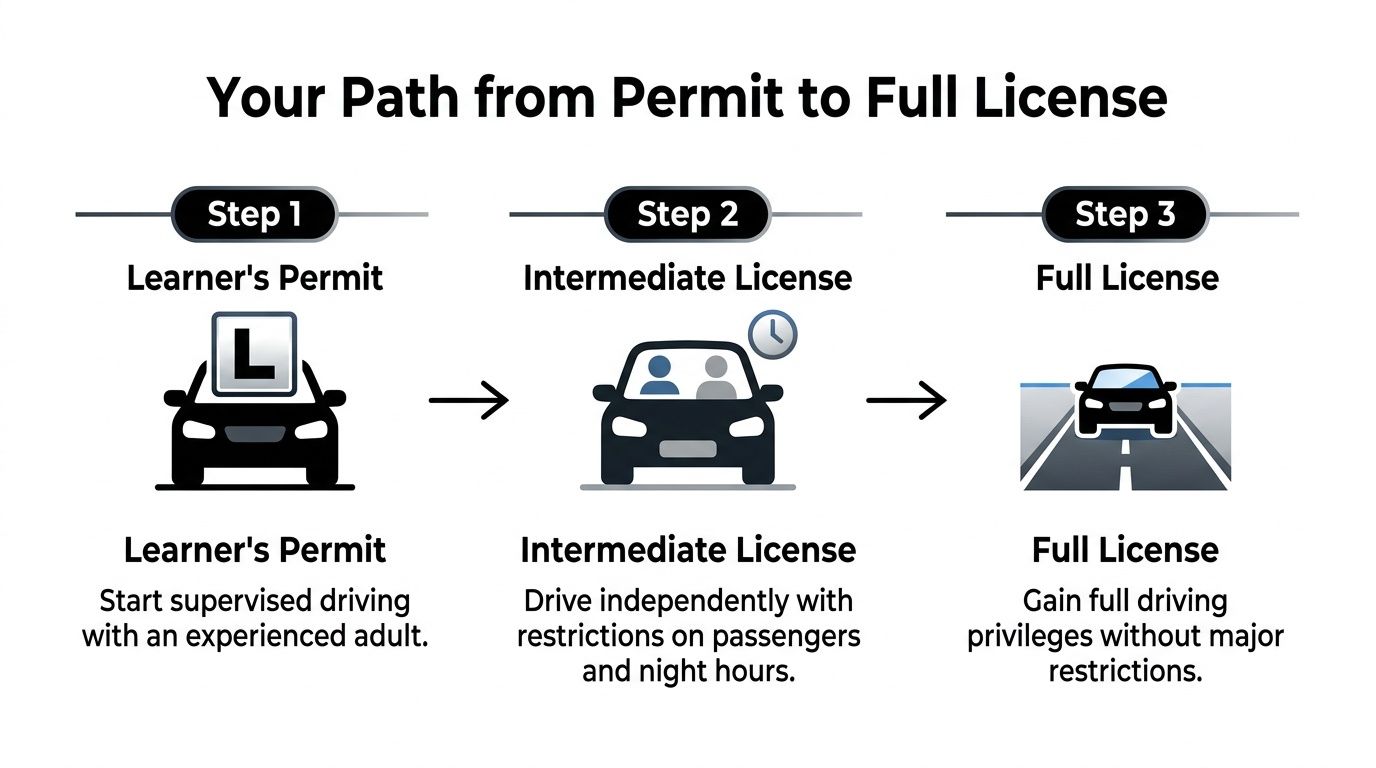 A diagram illustrating the three steps from obtaining a learner permit to a full driver license.